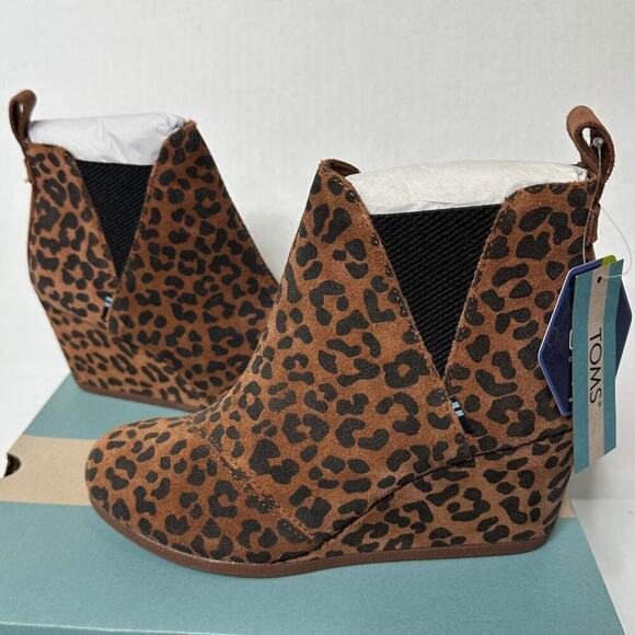 NWT Toms Size 6 Black Brown Leopard Print Suede Kelsey Bootie High Wedge Boot - Picture 4 of 11